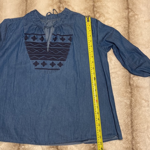 Blue Anthro Denim Chambray Embroidered Swing Tassel Blouse - Picture 13 of 13
